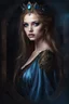 Placeholder: painted portrait of a young gothic queen with light brown hair and blue eyes, very beautiful, dark fantasy