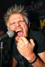 Placeholder: A very angry and bitter punk rocker screaming at microphone, very aggresive image in a club house, his name i FOLKE, and the name FOLKE in background