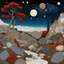 Placeholder: Colourful, peaceful, Egon Schiele, Max Ernst, night sky filled with galaxies and stars, rocks, trees, flowers, one-line drawing, sharp focus, 8k, deep 3d field, intricate, ornate