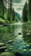 Placeholder: a beautiful conscious river with many eyeballs open and looking at the forest that surrounds it