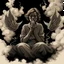 Placeholder: woman sitting forward Her face upward and blows cigarette smoke from their mouth upward. a figure with wings emerging from its back. behind the clouds of smoke look death. dark and mysterious