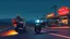 Placeholder: The kebab man driving fast on his holy motorcycle, fire from the exhaust, holy widescreen picture, holy empty road on the holy country at night, comic style, no helmet and he have a long holy black beard, neon kebab signs along the road, jesus stand at his market stand selling holy kebabs, simon stålenhag style, pixel art