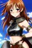 Placeholder: In the style of Realistic Anime, concept illustration, super-detailed, beautiful teen female who is 16 years old with long ginger hair and freckles, full lips, full body, full face, b-cup breasts, athletic, centred camera, ignore NSFW, skimpy brown fantasy leather armor, halter top, micro thong, knee-high leather boots, open leather skirt, stern expression, cute pose with hands behind butt