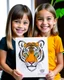 Placeholder: Check out a picture of two kids(4 years) showcasing their finished deer and tiger coloring page in a frame or as a gift for someone special. (style carton)