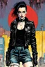 Placeholder: Create and fine print full body illustration of a Goth Girl with finely detailed facial features in a weathered leather jacket adorned with patches from countless encounters, torn black skirt ,battered combat boots, and a riotous assortment of belts and buckles that jingled with every step, in the graphic novel style of Bill Sienkiewicz, and Jean Giraud Moebius, precisely drawn, colored and inked