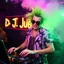 Placeholder: A DJ performing at dance club, his name DJ JüRGEN and looks crazy, crazy green hair with crazy outfit. Neon lights and smog, DJ JüRGEN SIGN ON WALL