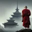 Placeholder: Portrait of a monk, fog, distant asian temple, profile, grim, dark, Frank Frazetta, Greg Rutkowski, hyperdetailed, dnd, trending on Artstation, Splash screen art, dynamic lighting, hyperdetailed, intricately detailed, a masterpiece, 8k resolution, high contrast, bearded, red robe,