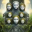 Placeholder: 3d render, Painting .three women. A mother. Two daughter. Twins. A mother with her children the faces of three young ginger women. wood nymphs emerging from the forest. Her hair looks like vines. Dreadlocs. Her skin is the colour of dark soil. Her skin looks like tree bark. Her clothing is made of vines, grass and leaves.