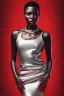 Placeholder: Portrait of a black woman wearing stylish red and silver dress.