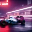 Placeholder: realistic formula 1 car; in an alternate universe in tokyo; cyberpunk; rain; neon signs