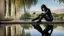 Placeholder: fantasy photo of a woman in an android looking catsuit, with black hair, sitting on a ledge over a pond, wearing an android-looking catsuit, sideways, with a planet behind her