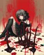 Placeholder: Petit girl goth, lying pose, fullbody, behind blood guts rising from the ground, illustration by <Yoji Shinkawa>, behind paint splashes darkred tones,