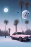 Placeholder: 1980's aesthetic vaporwave palm trees with lighting with moon with bmw in the winter snow