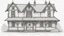Placeholder: A front elevation line drawing of a fantasy mediaeval ramshackle house.