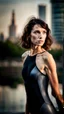 Placeholder: beautiful anorexic young woman, total shot, short shiny anthracite triathlon swimsuit, short brunette wavy bob hair, blurred city background