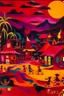 Placeholder: A dark magenta village with dancing fire designed in Hawaiian tikis painted by Wassily Kandinsky