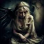 Placeholder: In a lucid dream I meet a fallen angel, blindfolded with old cotton rags, blond wild hair, tired and disconsolate, an old cartoon dress draped over her shoulders, head bent down, damaged skin. She is accompanied by a blind crow on her shoulder. Subtle light, dark grunge background, a grunge overlay. Small depth of field, blurred image. Surrealistic lighting.