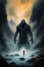 Placeholder: A giant creature with open arms with a Smokey texture standing in a water in front of a mythical cave in granite volcanic mountain . Busch painting style