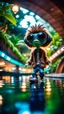 Placeholder: fish-eye photo of furry hairy pimp rocker alien on bridge over water slide magically levitating in dark lit reflective wet jungle hall hotel tunnel,bokeh like f/0.8, tilt-shift lens 8k, high detail, smooth render, down-light, unreal engine, prize winning