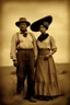Placeholder: Frieda and Diego Rivera, with popular 19th century style blouse and skirt, thin black bow under the neck of the blouse, flowers on her head, full body, in a 16K wasteland, toned in sepia, estilo Bansky, profile view