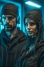 Placeholder: a handsome cyberpunk man wearing a balaclava connected by wires with a beautiful cyberpunk woman