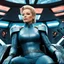 Placeholder: seven of nine relaxes in her iconic outfit on the captain chair of the starship, view from below[vintage style noisy scratches glitches, Shot the texture and then rewound the film and double exposed from a 1970 B series movie]