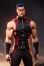 Placeholder: j.scott campbell, muscular ninja assassin, full head to toe portrait, athletic build, wearing black and red baggy pants with pockets, tan skin, big boots, two swords crossed behind back, dark hazel eyes, eyes are both in proportion and green, 3/4 look, 5 o'clock shadow, short brown hair, large arms and hands, standing, dark cobblestone alley, one halo white light behind head, non photorealistic rendering