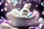 Placeholder: cute chibi plushy fluffy knitted and embroidered natural colored easter bunny in basket, feathers, easter eggs, iridescent flowers incorporated, light emitting, cracked bioluminescent holographic marble background, silver foil, sparkling diamonds, holographic raw pearls, ethereal, cinematic postprocessing