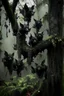 Placeholder: A group of black bats hanging upside down from a tree without leaves . The tree skin is covered in moss and lichen, allowing it to blend seamlessly into its surroundings. Forest Spirits feed on the energy of trees and can create thick fog to confuse their victims.