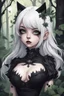 Placeholder: CAT GIRL, goth, forest, nature, cartoon, leaves, boobs, portrait, colour image, white hair