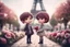 Placeholder: cute chibi mahogany haired girl with a short, silver haired boy, Eiffel tower, heart and love, flowers in Paris, ethereal, cinematic postprocessing, bokeh, dof