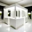 Placeholder: Design a booth to display wedding dresses at an exhibition. square shape Inside it is a fitting room and a reception table In a simple, modern style, open from all sides ,White color