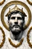 Placeholder: Ultra Realistic image, Roman sculpture, white marble material, Lionel Messi, gold Laurel leaves wreath, renaissance ornaments, radial gold lines, one gold star in heart, radial wave lines ornament, geometric ornaments, blue marble background, chisel style, waist up portrait, emperor style, epic, celestial, cinematic lighting, God light, god rays, 4k resolution, smooth details, ornate details, soft lighting, unreal engine 5, art station, substance 3d.