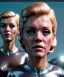 Placeholder: Ultra Realistic retro sci-fi movie scene, 1960 year, waist up view portrait, 3 clones blonde women, sweet young Jane Fonda face, perfect iris, glow eyes, face makeup, tight latex coat. Supermarket place with people background, Retro sci-fi style, soft color, highly detailed, unreal engine 5, ray tracing, RTX, lumen lighting, ultra detail, volumetric lighting, 3d, finely drawn, high definition, high resolution.