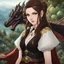 Placeholder: An arrogant looking young woman with pale skin and long brown hair in an outdoor fantasy setting with intricate details with a dragon flying in the far distance of the background. She is smirking, wearing black and read leather, has red eyes, an air of malevolent power surrounds her. Anime style. High definition.