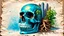 Placeholder: old worn paper, plain contrast background, crystal transparent Skull with city and plants inside, roots, backlight inside, 8K, high detail, hyperrealism, high resolution, bright colors, ART illustration