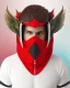 Placeholder: Draw an illustration with a red and black hood and a dragón mask over they eyes, front view