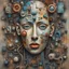 Placeholder: Picasso and Peter Gric masterpiece illustration of a front complex biomechanical woman face colored face mixed to toys pieces (detailed eyes, nose, mouth , neck), made of various colored supplies objects all around and inside head, abstract background, centered composition, HDR, UHD, all in focus, no grain, concept art