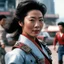Placeholder: [vintage style noisy scratches glitches, Shot the texture and then rewound the film and double exposed the face] Michelle Yeoh kung-fu fight in the streets of the Adventures of Buckaroo Banzai Across the 8th Dimension