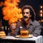 Placeholder: Frank Zappa participate au meilleur pâtissier 2020, his cigarette in the mouth and a bottle of rhum for his dessert un épais flaming baba au rhum in fire