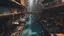 Placeholder: Water-level view of buildings made of reused dirty rusty metal on a futuristic canal junction, cyberpunk, many painted colours, flying boats, balconies, bridges, people, shopping, eating, walking, fifth element, ghost in the shell, altered carbon