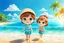 Placeholder: 3d digital art of chibi young girl and boy enjoying sunshine on the beach, blue sky, happyness, nice azure sea, vibrant warm colors., detailed, cinematic