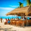 Placeholder: thatched awning tropical beach bar with a coconut theme, busy with tourists in Hawaiian shirts, white sand and coconut trees in background, azure blue water