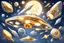 Placeholder: flat round silver and gold light FANTASY spaceships in starry sky