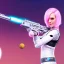 Placeholder: cyborg cute girl, white and pink hair, sexy, with a laset gun, under an alien moon, misty, high detail, 4k