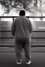 Placeholder: full figure shot back view of a fat guy , timid 45-year-old italian chubby in tracksuit, big buns, at bus stop photorealistic, ambient occlusion, sunlight