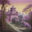 Placeholder: A light purple Eastern palace with a Zen garden and a draconic chameleon painted by Caspar David Friedrich