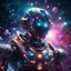 Placeholder: space robot covered with glowing crystals, nebula particles in air, in space, galaxy in background, bright colors, glowing sparkle particles, dark tone, sharp focus, high contrast, 8k, incredible depth, depth of field, dramatic lighting, beautifully intricate details, clean environment, epic dynamic scene