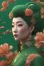 Placeholder: 3D illustration of Asiat woman a deep green background with flowers, illustration, smooth 3d digital art, exquisite thee-dimensional rendering, 4K, blender, c4d, octane render , disney style 3d light, Zbrush sculpt, concept art, Zbrush high detail, pinterest Creature Zbrush HD sculpt, neutral lighting, 8k detail