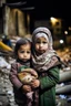 Placeholder: Palestinian little girl She wears the keffiyeh and the Palestinian dress Carrying a nude small child ,at winter , Destroyed Buildings , with a Explosions, at night